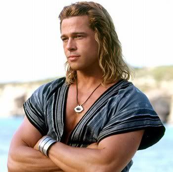 Brad Pitt stars as Achilles with his long layered hairstyle in Troy (2004).