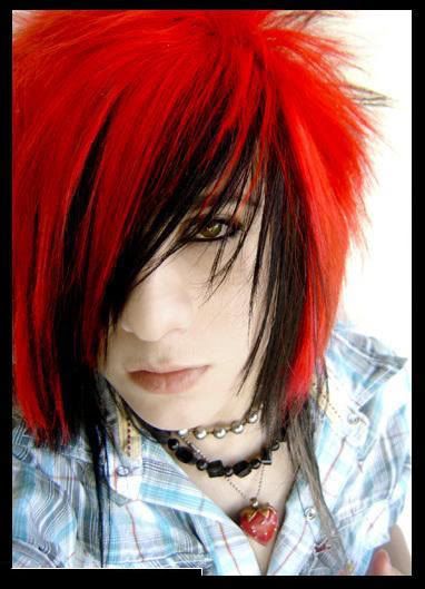 Red emo hairstyle. Ideally, the Emo hairstyle has fringe that terminates at 