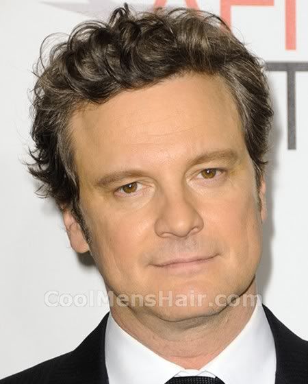 Photo of Colin Firth hairstyle: messy swept back hairstyle.