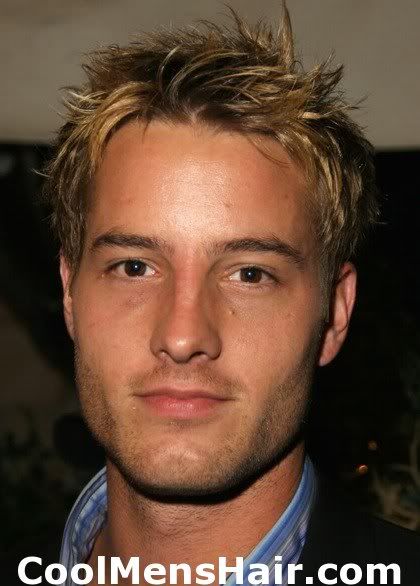 Justin Hartley short spiky hairstyle. Justin wears his hair in a short, 