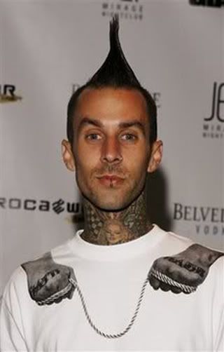 Travis Barker fanned Mohawk hairstyle. Travis Barker is the current drummer 