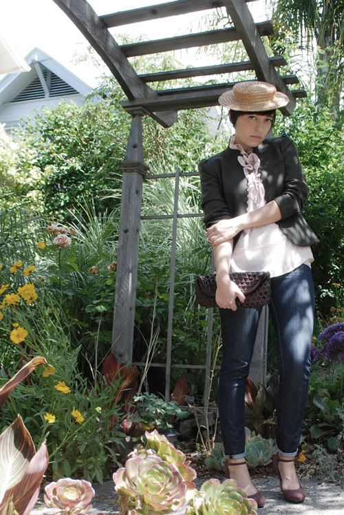 jacket: vintage scalloped sassoon jacket from pretty penny blouse: pleated sleeve ruffle neck blouse courtesy of loft jeans: j brand 210 the oslo in indigo shoes: nine west suede platforms bag: caning woven leather clutch courtesy of loft hat: vintage straw boater hat