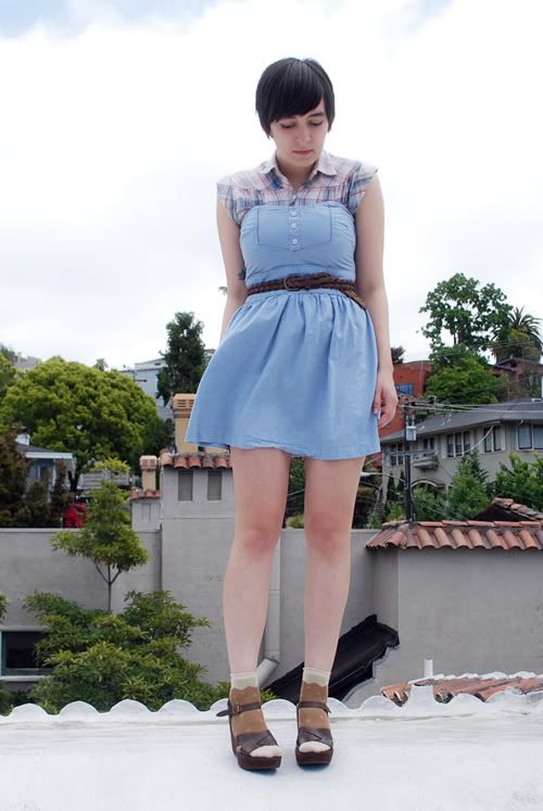 top: vintage plaid camp shirt from capricious traveler dress: bb dakota chambray dress belt: thrifted vintage woven leather belt socks: hansel from basel strawberry top crew socks sandals: kork-ease wedges