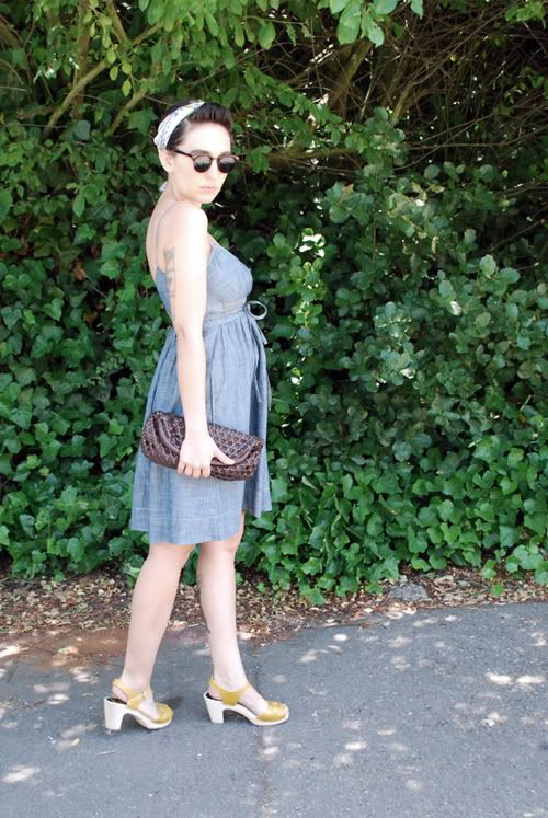 dress: chambray wrap dress courtesy of LOFT shoes: swedish hasbeens super high peep toe clogs bag: caning woven leather clutch courtesy of LOFT sunglasses: lum vintage sunglasses scarf: thrifted vintage silk scarf